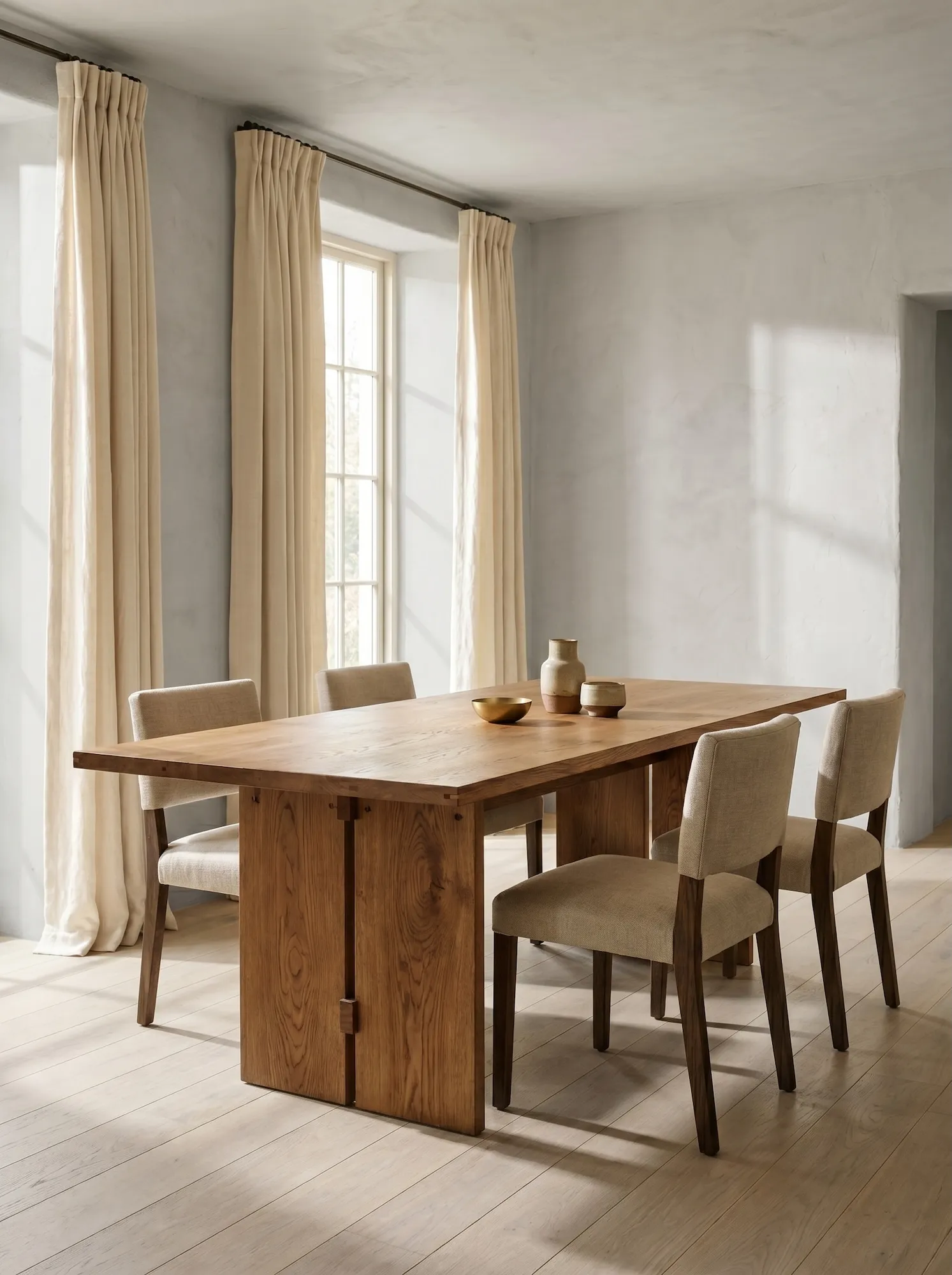 Calm sunlit interior with bespoke solid oak dining table, linen curtains, stone floor, and soft morning light